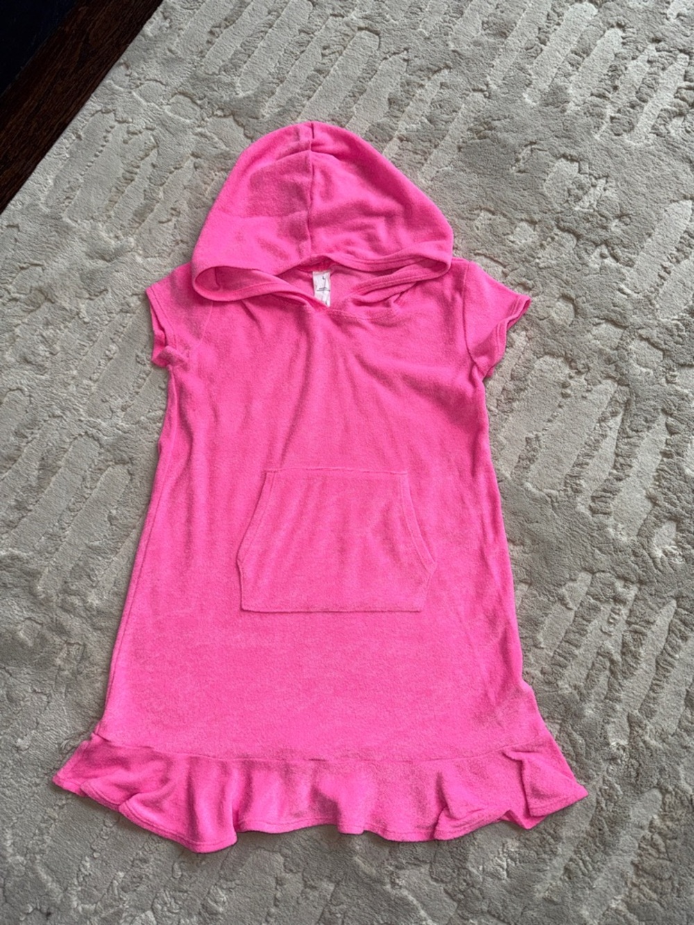 Girls Hot Pink Hooded Terry Dress with Ruffle Hem L 10/12